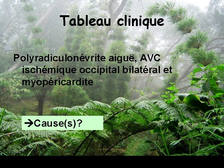 Tableau clinique Polyradiculonévrite aiguë, AVC ischémique occipital bilatéral et myopéricardite Cause(s)? 