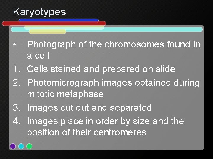 Karyotypes • 1. 2. 3. 4. Photograph of the chromosomes found in a cell