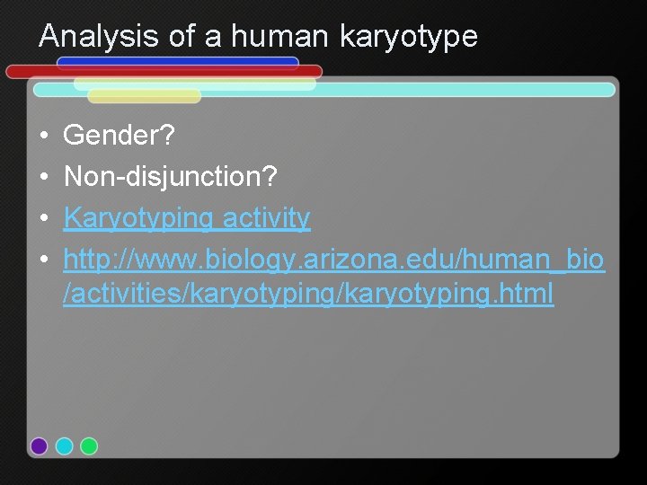 Analysis of a human karyotype • • Gender? Non-disjunction? Karyotyping activity http: //www. biology.