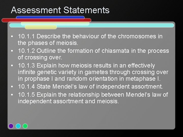 Assessment Statements • 10. 1. 1 Describe the behaviour of the chromosomes in the