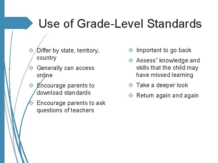Use of Grade-Level Standards Differ by state, territory, country Generally can access online Encourage