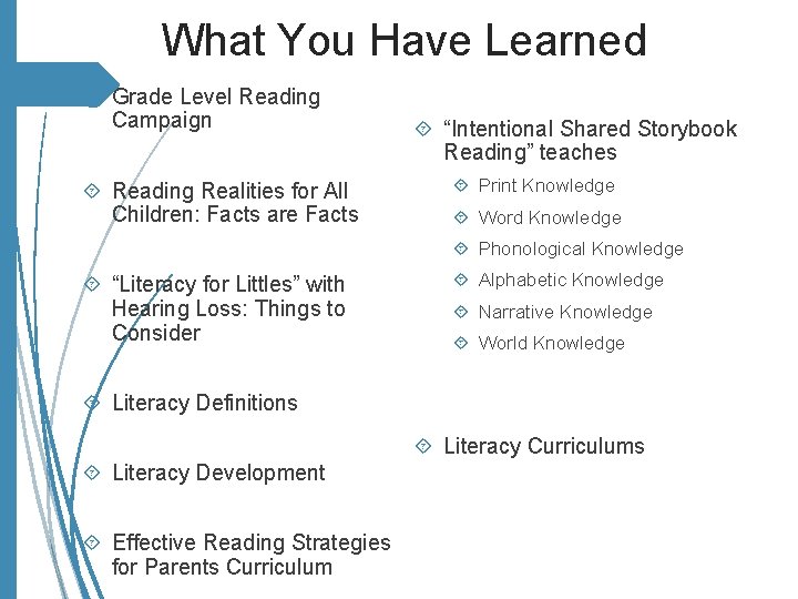 What You Have Learned Grade Level Reading Campaign Reading Realities for All Children: Facts
