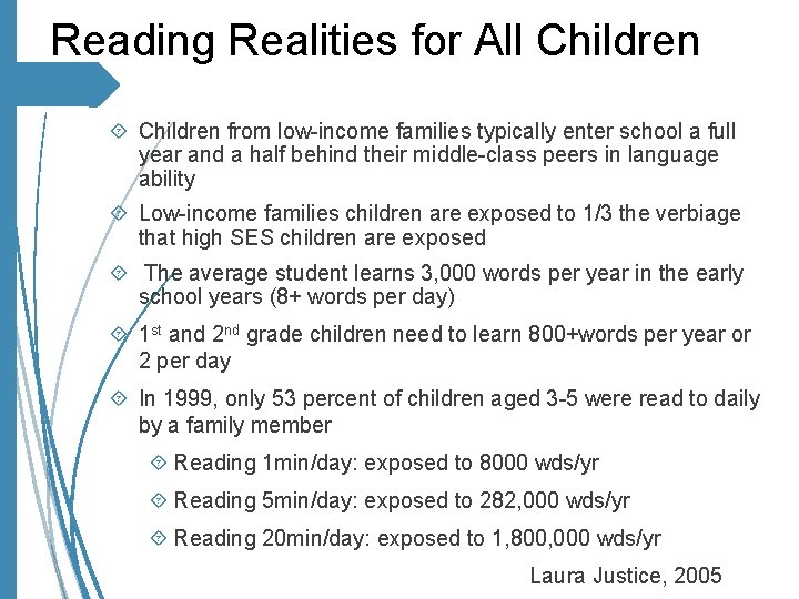 Reading Realities for All Children from low-income families typically enter school a full year
