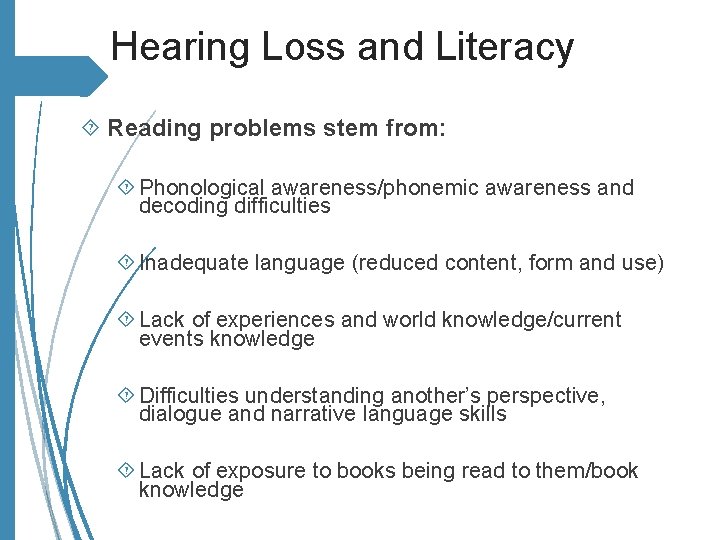 Hearing Loss and Literacy Reading problems stem from: Phonological awareness/phonemic awareness and decoding difficulties