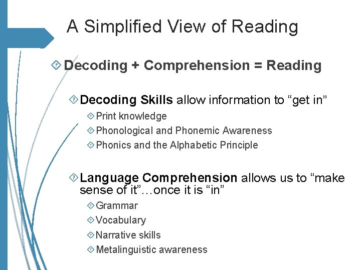 A Simplified View of Reading Decoding + Comprehension = Reading Decoding Skills allow information