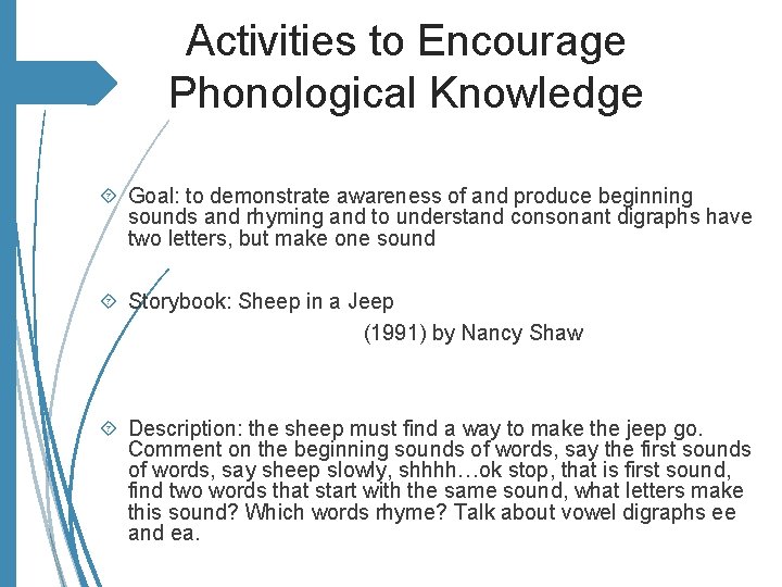 Activities to Encourage Phonological Knowledge Goal: to demonstrate awareness of and produce beginning sounds