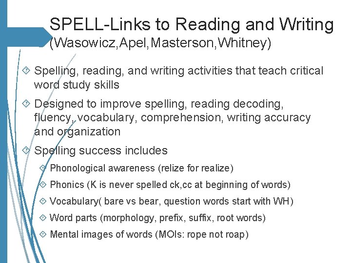 SPELL-Links to Reading and Writing (Wasowicz, Apel, Masterson, Whitney) Spelling, reading, and writing activities