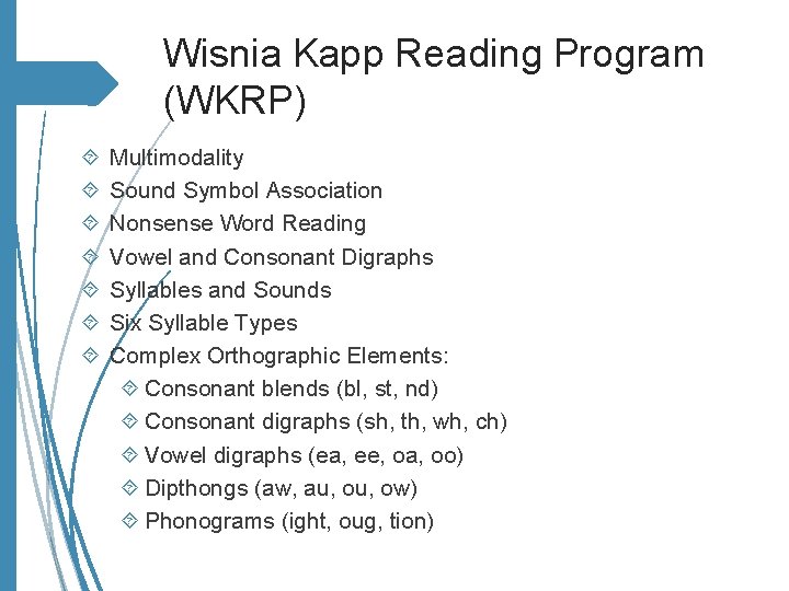 Wisnia Kapp Reading Program (WKRP) Multimodality Sound Symbol Association Nonsense Word Reading Vowel and