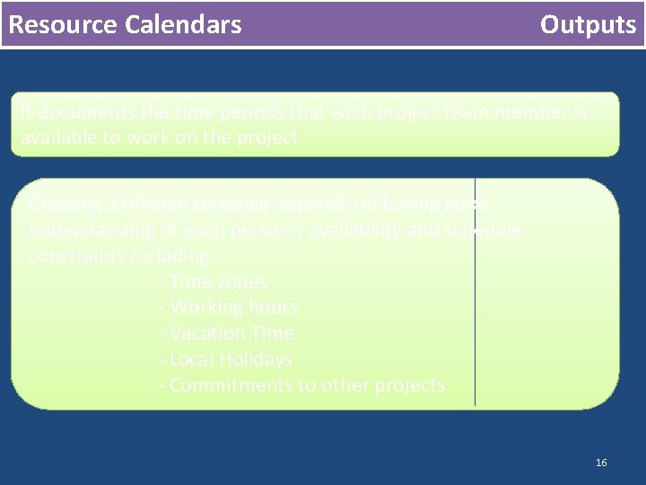 Resource Calendars Outputs It documents the time periods that each project team member is