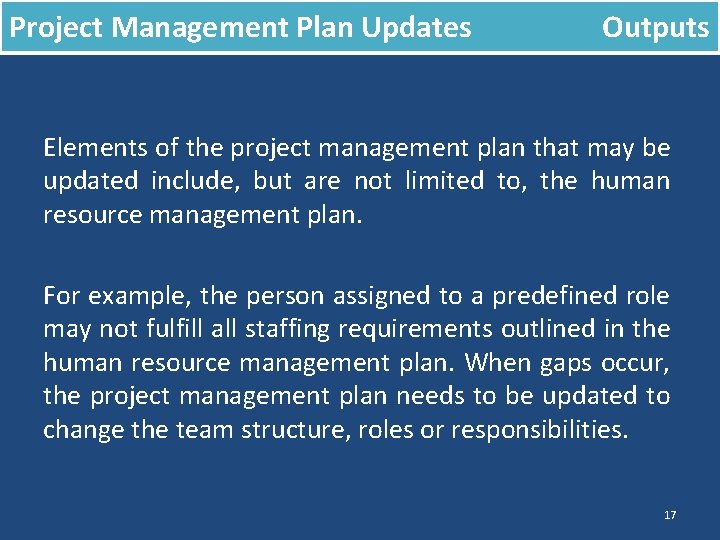 Project Management Plan Updates Outputs Elements of the project management plan that may be