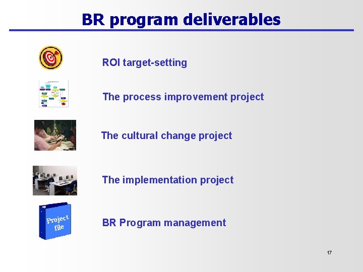 BR program deliverables ROI target-setting The process improvement project The cultural change project The