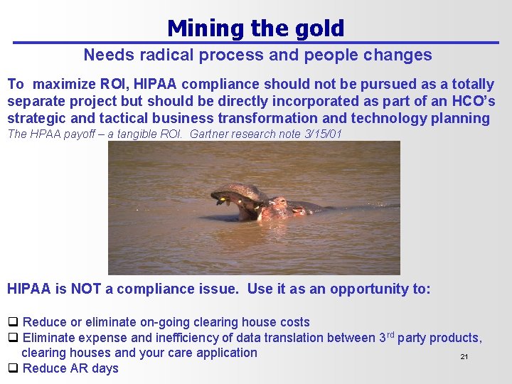 Mining the gold Needs radical process and people changes To maximize ROI, HIPAA compliance