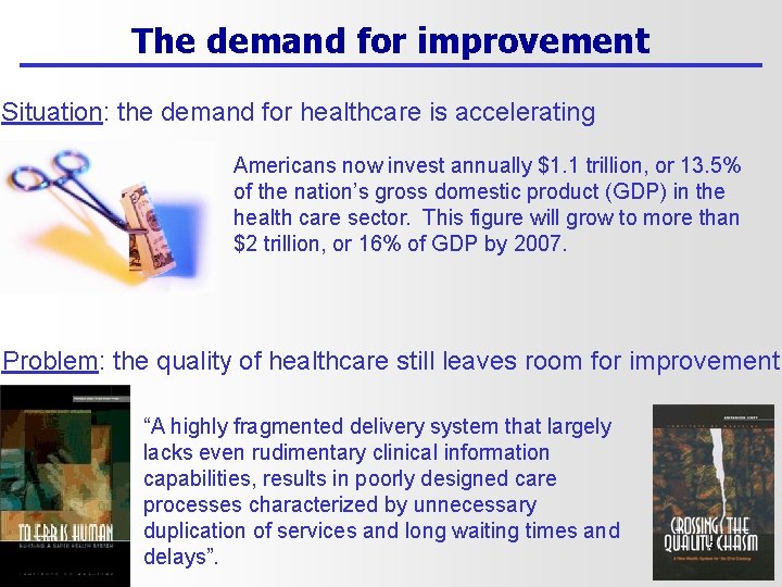 The demand for improvement Situation: the demand for healthcare is accelerating Americans now invest