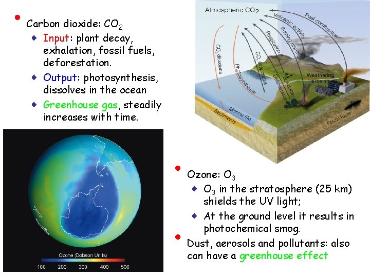  • Carbon dioxide: CO 2 ♦ Input: plant decay, exhalation, fossil fuels, deforestation.