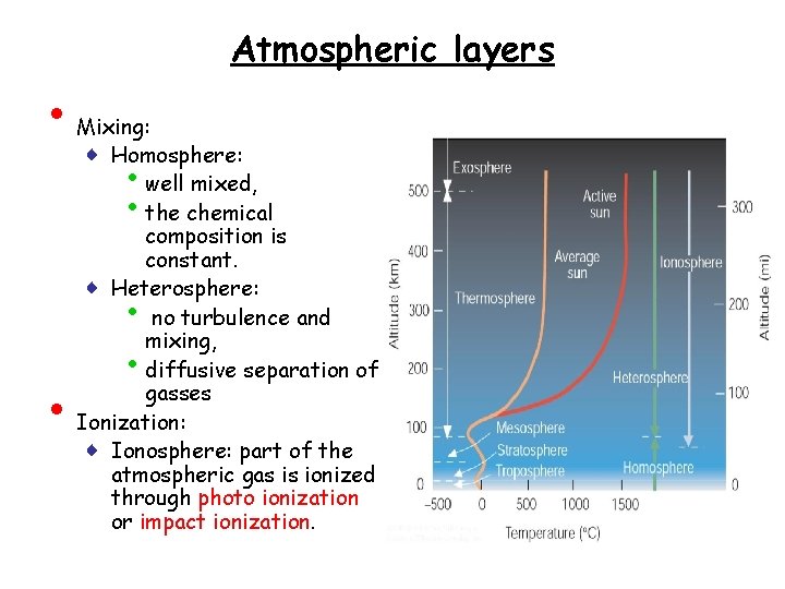Atmospheric layers • Mixing: ♦ Homosphere: well mixed, the chemical composition is constant. ♦