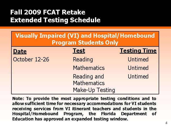 Fall 2009 FCAT Retake Extended Testing Schedule Visually Impaired (VI) and Hospital/Homebound Program Students