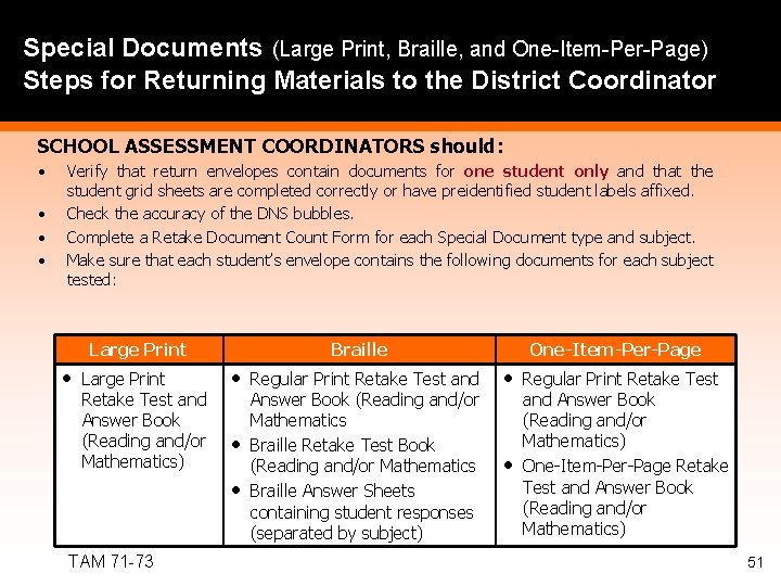 Special Documents (Large Print, Braille, and One-Item-Per-Page) Steps for Returning Materials to the District