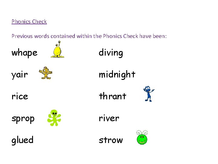 Phonics Check Previous words contained within the Phonics Check have been: whape diving yair
