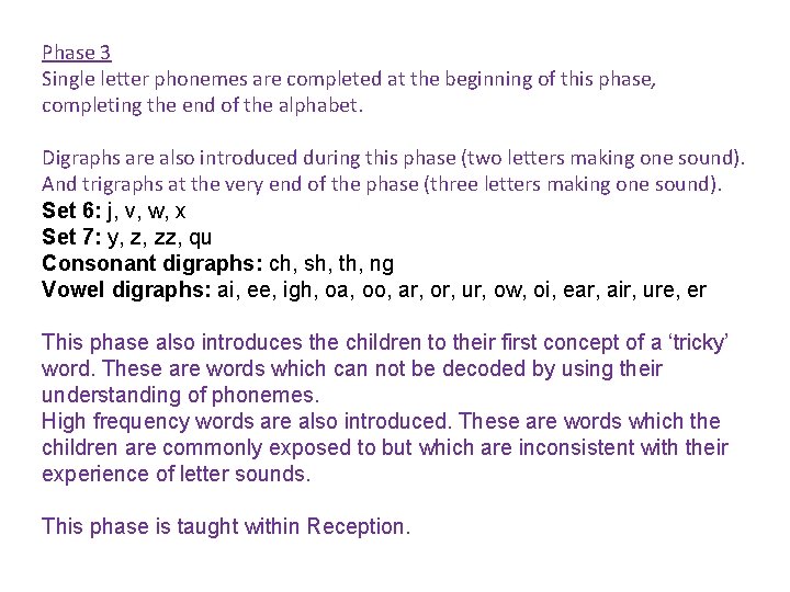 Phase 3 Single letter phonemes are completed at the beginning of this phase, completing