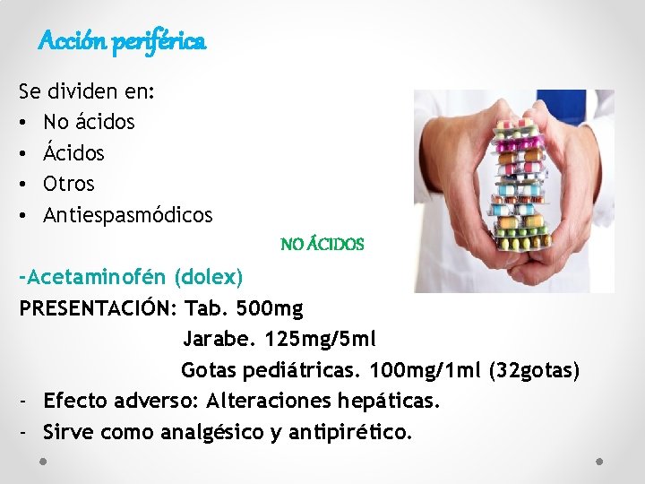 Acción periférica Se dividen en: • No ácidos • Ácidos • Otros • Antiespasmódicos