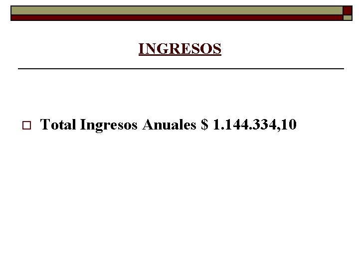 INGRESOS o Total Ingresos Anuales $ 1. 144. 334, 10 INGRESOS o Total Ingresos Anuales $ 1. 144. 334, 10