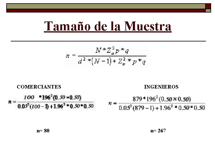 Tamaño de la Muestra COMERCIANTES n= 80 INGENIEROS n= 267 Tamaño de la Muestra COMERCIANTES n= 80 INGENIEROS n= 267