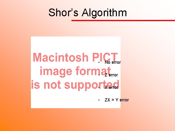 Shor’s Algorithm • No error • Z error • X error • ZX =