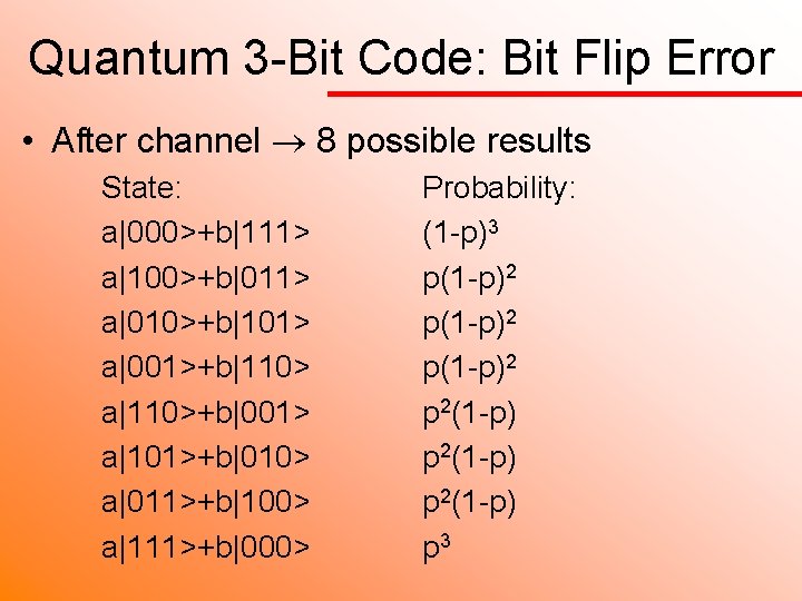 Quantum 3 -Bit Code: Bit Flip Error • After channel 8 possible results State: