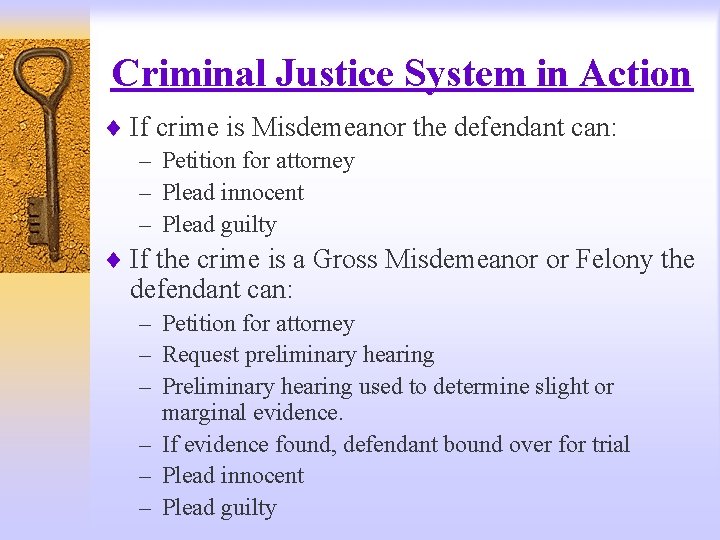 Criminal Justice System in Action ¨ If crime is Misdemeanor the defendant can: –