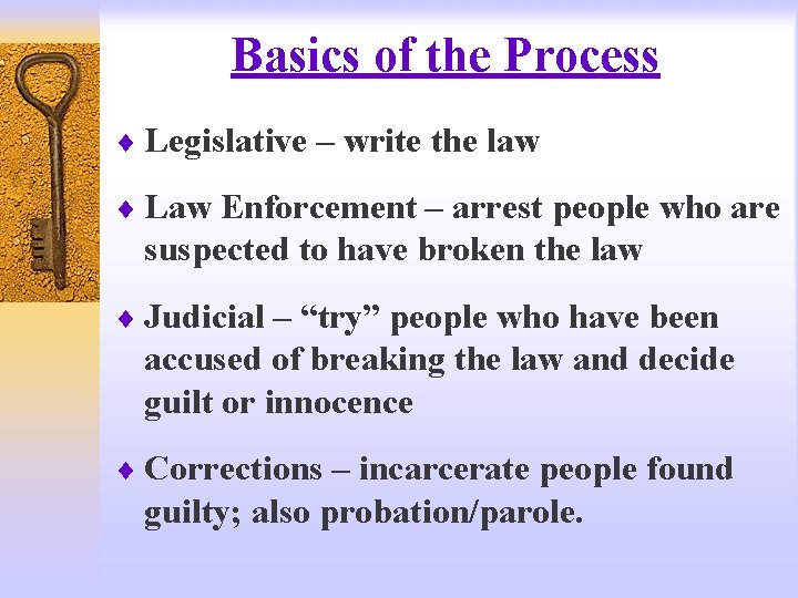 Basics of the Process ¨ Legislative – write the law ¨ Law Enforcement –