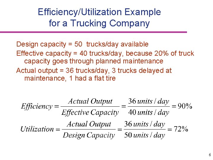 Efficiency/Utilization Example for a Trucking Company Design capacity = 50 trucks/day available Effective capacity