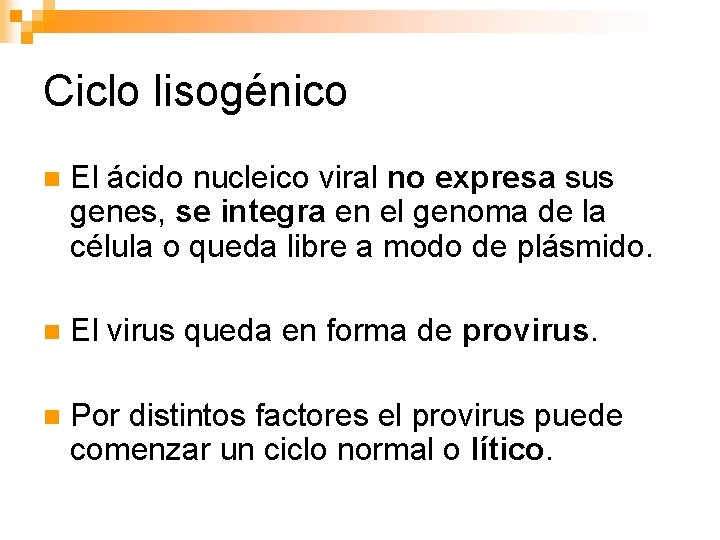 Ciclo lisogénico n El ácido nucleico viral no expresa sus genes, se integra en