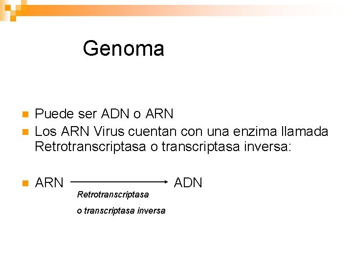 Genoma n Puede ser ADN o ARN Los ARN Virus cuentan con una enzima