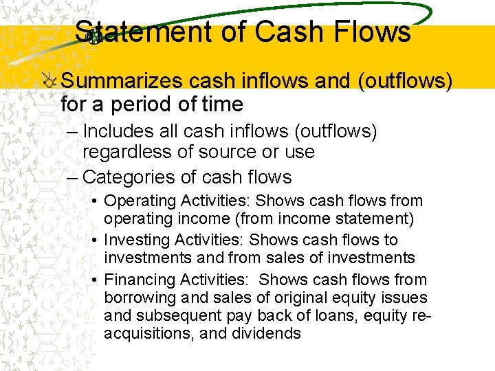 Statement of Cash Flows Summarizes cash inflows and (outflows) for a period of time