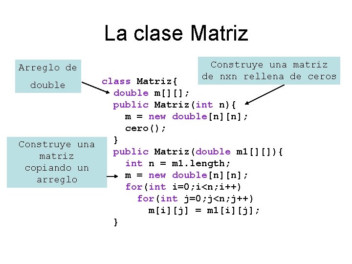 La clase Matriz Arreglo de Construye una matriz de nxn rellena de ceros class