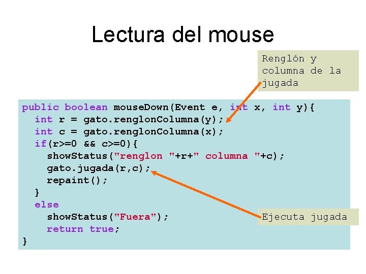 Lectura del mouse Renglón y columna de la jugada public boolean mouse. Down(Event e,