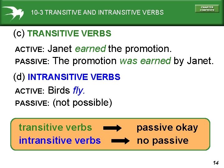 10 -3 TRANSITIVE AND INTRANSITIVE VERBS (c) TRANSITIVE VERBS Janet earned the promotion. PASSIVE: