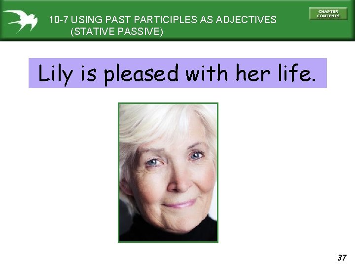 10 -7 USING PAST PARTICIPLES AS ADJECTIVES (STATIVE PASSIVE) Lily is pleased with her