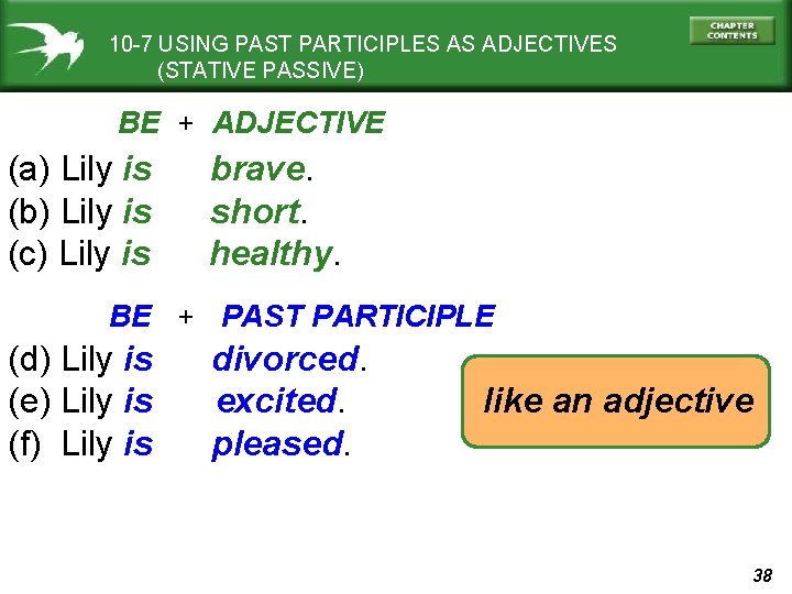 10 -7 USING PAST PARTICIPLES AS ADJECTIVES (STATIVE PASSIVE) BE + ADJECTIVE (a) Lily