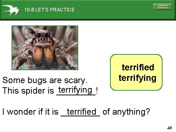 10 -8 LET’S PRACTICE Some bugs are scary. terrifying This spider is ____! terrified