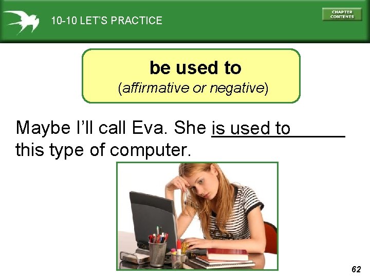 10 -10 LET’S PRACTICE be used to (affirmative or negative) Maybe I’ll call Eva.