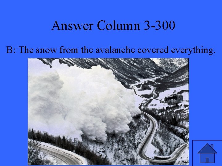 Answer Column 3 -300 B: The snow from the avalanche covered everything. 