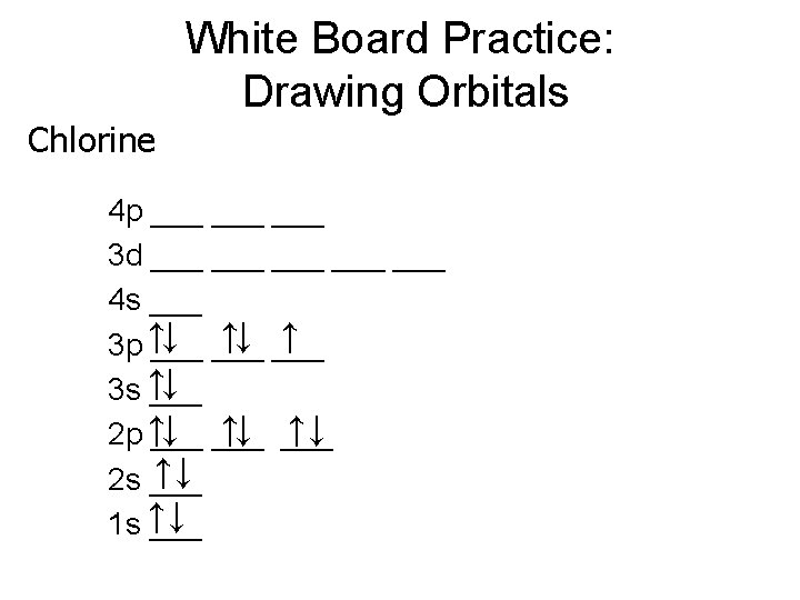 White Board Practice: Drawing Orbitals Chlorine 4 p ___ ___ 3 d ___ ___