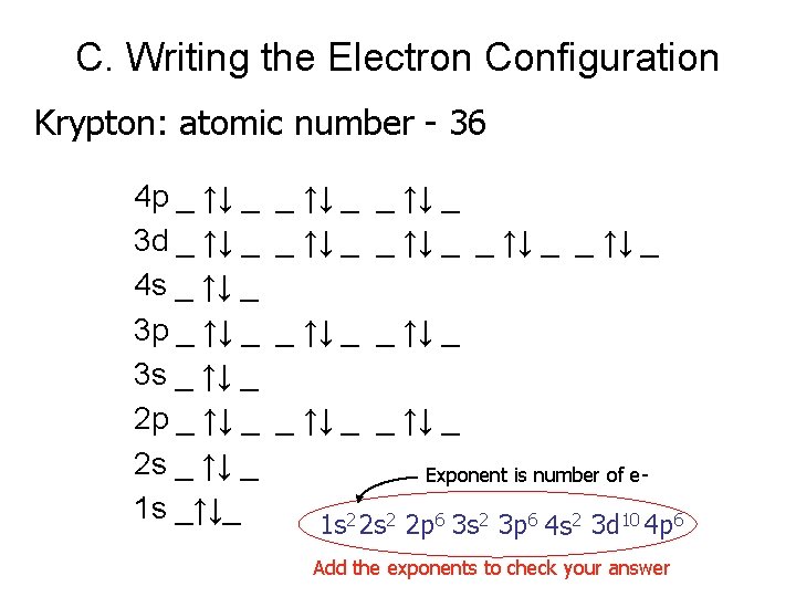 C. Writing the Electron Configuration Krypton: atomic number - 36 4 p _ ↑↓