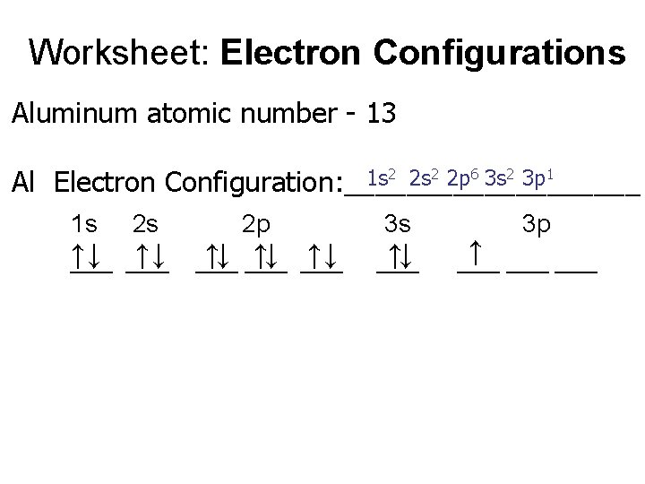 Worksheet: Electron Configurations Aluminum atomic number - 13 1 s 2 2 p 6