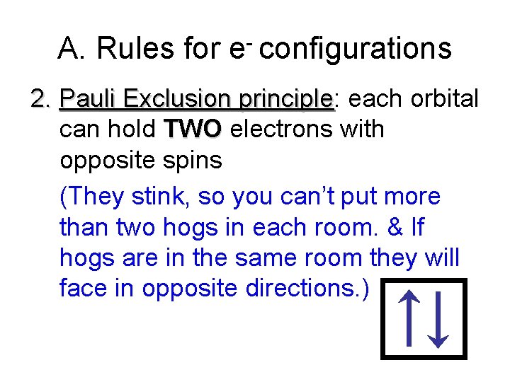 A. Rules for e- configurations 2. Pauli Exclusion principle: principle each orbital can hold