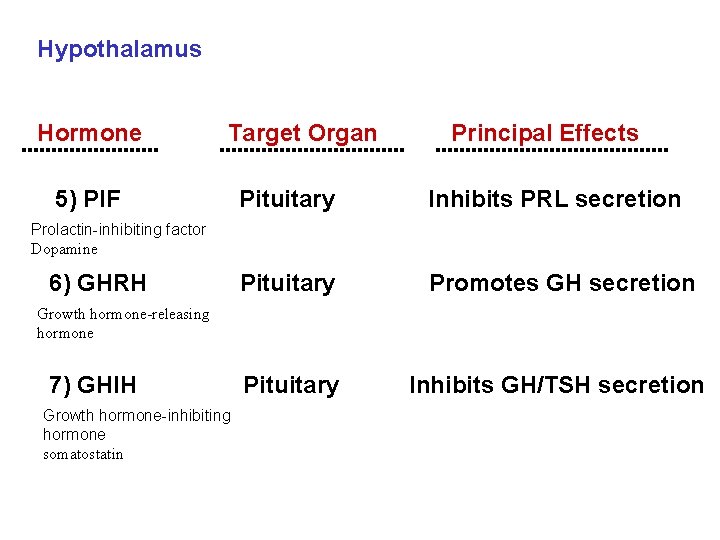 Hypothalamus Hormone 5) PIF Target Organ Pituitary Principal Effects Inhibits PRL secretion Prolactin-inhibiting factor