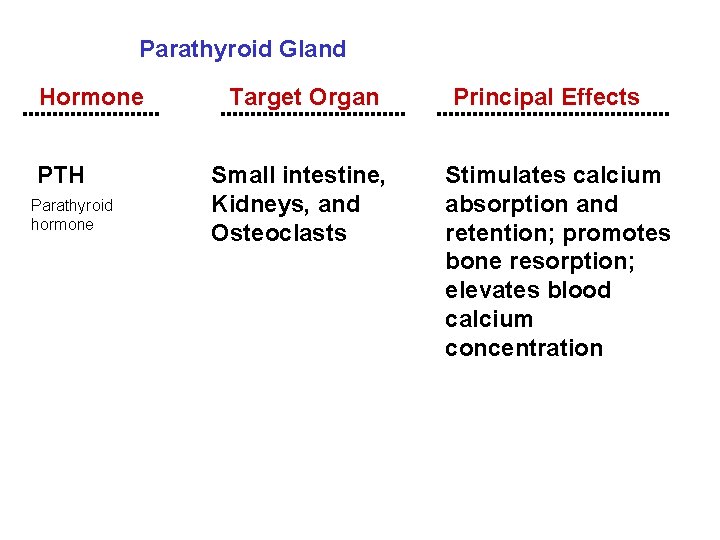 Parathyroid Gland Hormone PTH Parathyroid hormone Target Organ Small intestine, Kidneys, and Osteoclasts Principal