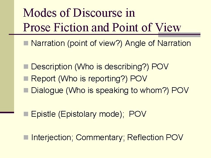 Modes of Discourse in Prose Fiction and Point of View n Narration (point of