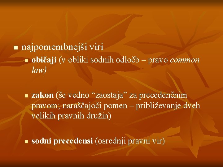 n najpomembnejši viri n n n običaji (v obliki sodnih odločb – pravo common